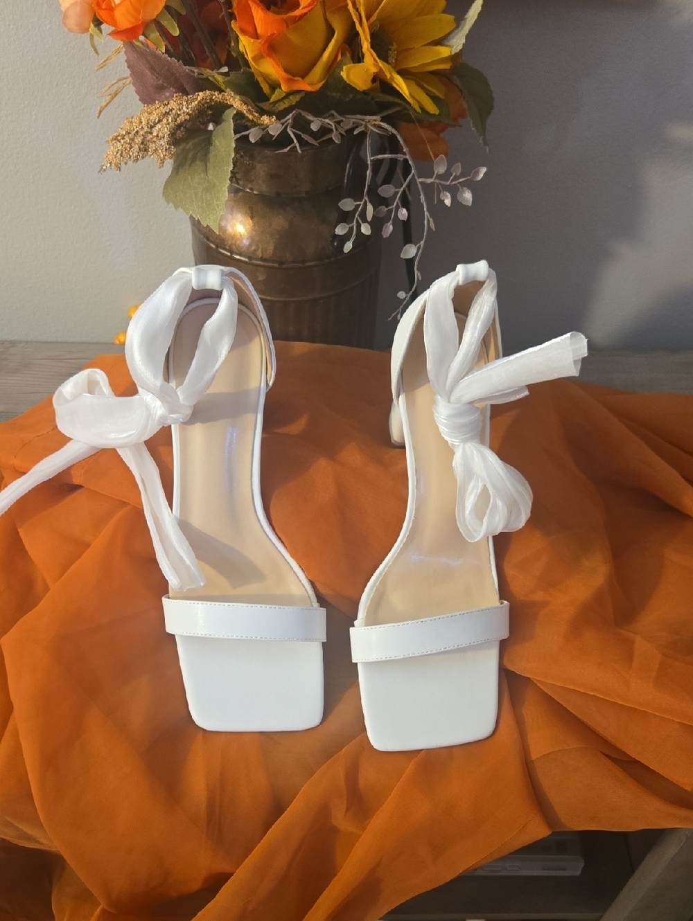 White Ankle-Tie Square-Toe Block Heel Sandals